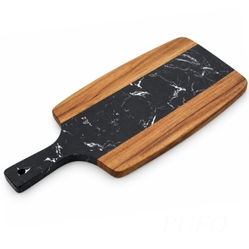 Platou de servire tip tocator din lemn si marmura– tava pentru aperitive, branzeturi, mezeluri si gustari, 38 cm, negru/maro
