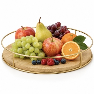 Platou rotativ din lemn de mango cu margine metalica, Ø 28 cm, tava servire rotativa pentru gustari, condimente, sosuri si organizare masa, auriu