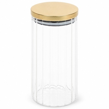 Recipient de depozitare Pufo Glam din sticla cu capac metalic, 950 ml, pentru paste, biscuiti, cereale si alimente uscate, organizator elegant pentru bucatarie, auriu