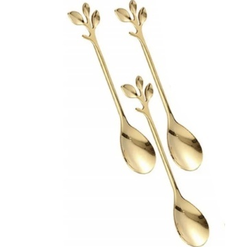 Set 3 lingurite Pufo Leaf pentru cafea, ceai, desert, otel, maner in forma de frunzulita, auriu, 13 cm