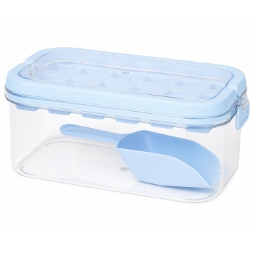 Set Pufo Ice pentru cuburi de gheata, cutie cu capac, lopatica si tava din silicon, albastru