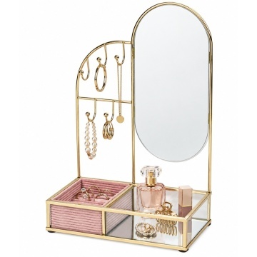 Suport organizator Pufo Glam pentru bijuterii din metal si sticla– organizator elegant pentru cercei, inele, coliere si accesorii, auriu/roz, 30 cm