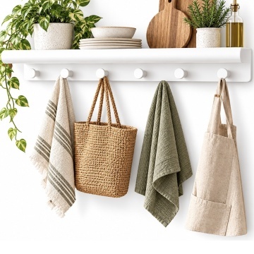 Cuier de perete cu polita pentru bucatarie, dormitor, hol, birou, design modern metalic, economie de spatiu, 48 x 10 x 6 cm, alb