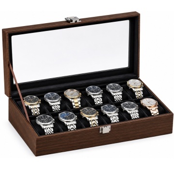 Cutie organizatoare pentru 12 ceasuri, caseta eleganta cu capac, 12 compartimente cu pernute, interior negru, inchidere metalica, pentru depozitare si expunere ceasuri, maro