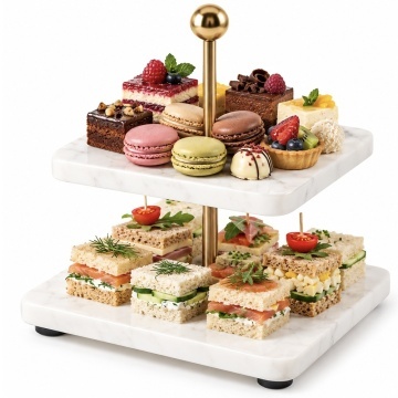 Fructiera etajata Pufo Luxury din marmura cu 2 niveluri, pentru prajituri, mini torturi, fructe, aperitive, 19 x 19 x 21 cm