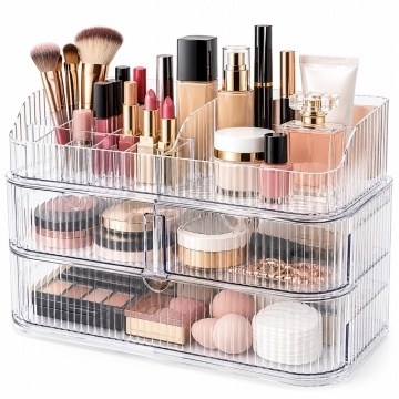 Organizator Make-up transparent cu 3 sertare si compartimente multiple pentru cosmetice, pensule, rujuri, parfumuri si accesorii beauty, 28 cm