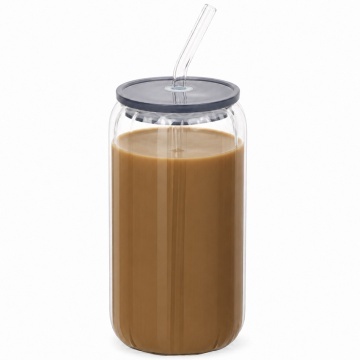 Pahar elegant Pufo din sticla striata cu capac si pai, ideal pentru smoothie, apa, limonada, cafea recesau sucuri, 530 ml, albastru