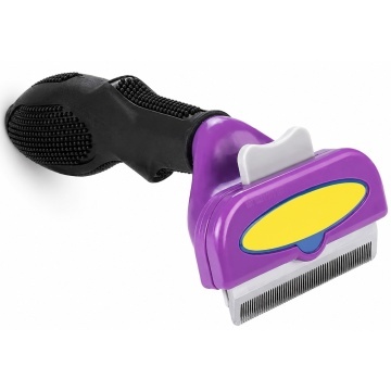Perie toaletare caini si pisici, cu par lung si greutatea 9-22 kg, buton de curatare lama si maner ergonomic, pentru descalcire blana si tuns, mov