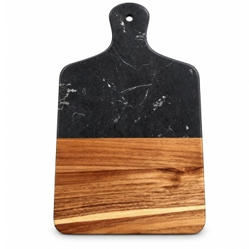 Platou de servire tip tocator din lemn si marmura– tava pentru aperitive, branzeturi, mezeluri si gustari, 33.5 x 21.5 cm, negru/maro