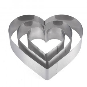Set 3 forme metalice Pufo Heart Cake in forma de inima, pentru blat de tort, prajituri, otel, argintiu- romantice si durabile
