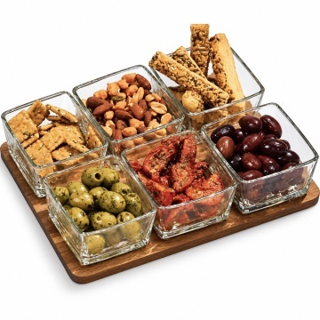 Set 6 boluri din sticla pentru tapas cu tava din lemn – set servire aperitive, masline, nuci si gustari, 29 x 20 cm
