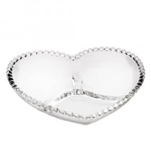 Bol din sticla in forma de inima Pufo Heart cu 3 compartimente pentru alune, fistic, bomboane, gustari- elegant si practic pentru servire, 16 cm