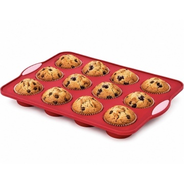 Forma de silicon Pufo Muffin cu 12 cavitati pentru preparare muffin, prajituri, torturi, roz