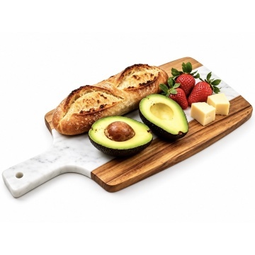Platou de servire tip tocator din lemn si marmura– tava pentru aperitive, branzeturi, mezeluri si gustari, 38 cm, alb/maro