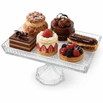 Platou elegant Pufo Cake din sticla cu picior pentru prajituri, mini torturi, fructe si aperitive, 28 x 14 cm