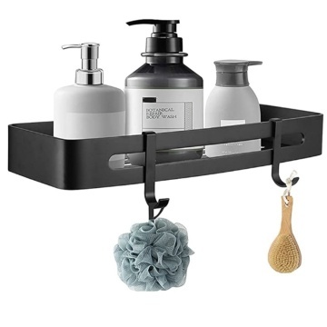 Raft metalic Pufo pentru baie sau bucatarie cu 2 agatatoare, suport depozitare, negru, 32 x 13 cm