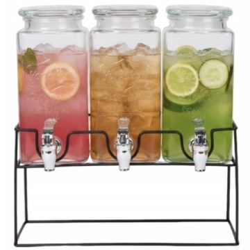 Set 3 dozatoare din sticla pentru limonada cu suport metalic, recipiente pentru bauturi si sucuri