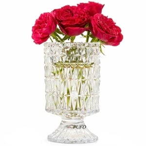 Vaza decorativa eleganta Pufo Grace din sticla cu picior pentru flori si aranjamente, 18 cm- design modern pentru living si decor interior