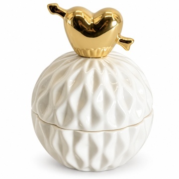 Bomboniera decorativa Pufo Love din ceramica cu capac, cutie pentru bijuterii, bomboane si accesorii, design elegant, 10.5 cm