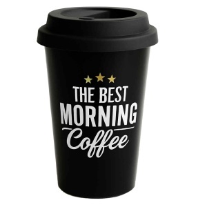 Cana de voiaj Pufo Best Coffee pentru cafea cu capac din silicon, 380 ml, negru