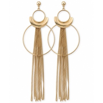 Cercei lungi aurii cu lanturi fine si cercuri decorative, model statement elegant pentru femei, petreceri, evenimente si tinute de seară