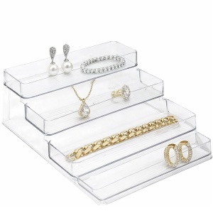 Etajera Pufo pentru prezentare si organizare produse in magazine sau expozitii, in trepte, 3 niveluri, 25.5 x 23.5 cm, transparent