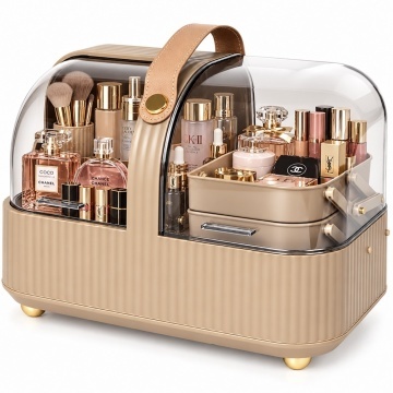Organizator Make-up cu sertare extensibile, 2 compartimente si maner de transport pentru cosmetice si accesorii beauty, 33 x 20.5 cm