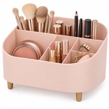 Organizator make-up Pufo Pinky cu 6 compartimente si picioruse pentru pensule, parfumuri și cosmetice, 22 x 16 cm, roz