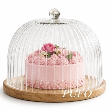 Platou Pufo din lemn de acacia cu capac transparent din sticla pentru servire torturi, aperitive, prajituri, branzeturi, 21 cm