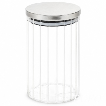 Recipient de depozitare Pufo Glam din sticla cu capac metalic, 950 ml, pentru paste, biscuiti, cereale si alimente uscate, organizator elegant pentru bucatarie, argintiu