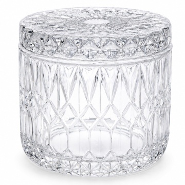 Recipient din sticla Pufo Luxury, cu capac, pentru bomboane, praline, dischete, accesorii si decorare, transparent