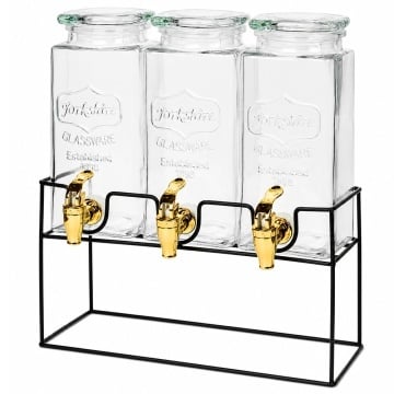 Set 3 dozatoare din sticla pentru limonada cu suport metalic, recipiente pentru bauturi si sucuri