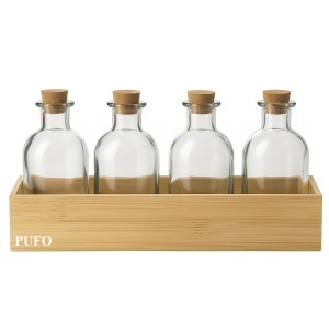 Set 4 Sticle Pufo cu Dop de Pluta si Suport din Bambus – Pentru Ulei, Otet, Dressinguri, Sosuri, Condimente – 4 x 250 ml