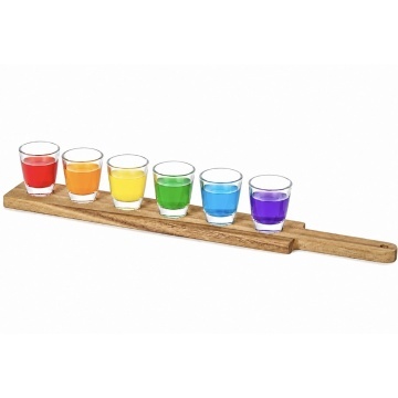 Set 6 pahare pentru shoturi 30 ml Pufo Drink cu suport din lemn de acacia, tava servire tip paddle pentru degustari, lichior, tuica, tequila, whiskey si bauturi spirtoase