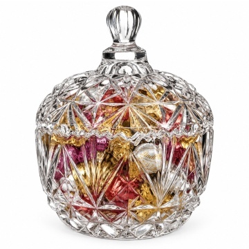 Bomboniera mini din sticla, recipient decorativ cu capac pentru bomboane, praline, zahar, bijuterii, rotunda, 80 ml