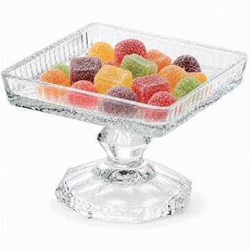Bomboniera Pufo Candy din sticla cu picior, suport elegant pentru lumanare, bomboane, prajituri si gustari, 10 cm