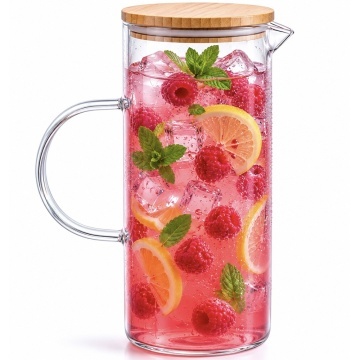 Carafa eleganta Pufo Simple din sticla borosilicata pentru apa, limonada sau suc, capac bambus, 1.5 L