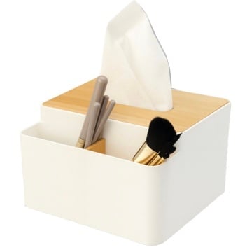 Cutie pentru servetele Pufo Bamboo cu suport depozitare accesorii, organizator multifunctional pentru birou, baie sau living, 17 cm