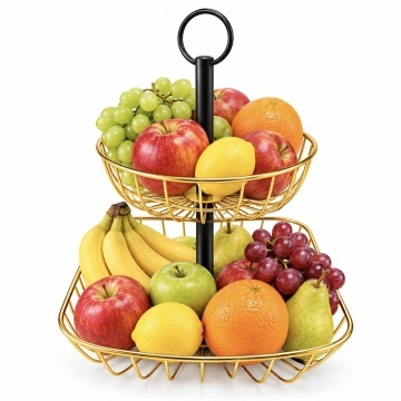 Fructiera cu 2 etaje, suport metalic modern pentru fructe si legume, organizator elegant pentru bucatarie si masa, 51 x 42 cm, auriu
