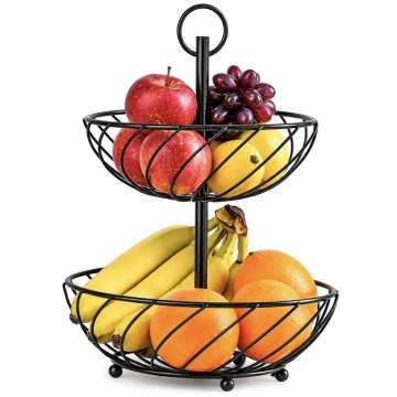 Fructiera cu 2 etaje, suport metalic modern pentru fructe si legume, organizator elegant pentru bucatarie si masa, Ø 27 x 37 cm, negru