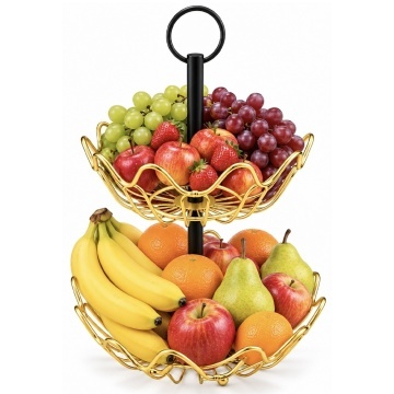 Fructiera cu 2 etaje, suport metalic modern pentru fructe si legume, organizator elegant pentru bucatarie si masa, 41 x 27 cm, auriu