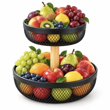 Fructieră metalica etajata cu 2 niveluri, 26 x 24.5 cm, cos multifunctional pentru fructe, legume, dulciuri si gustari, suport decorativ pentru bucatarie, blat, masa si organizare
