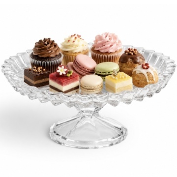 Fructiera tip platou Pufo Ellegance din sticla cu picior pentru prajituri, torturi, candy bar, fructe, aperitive, 18 cm