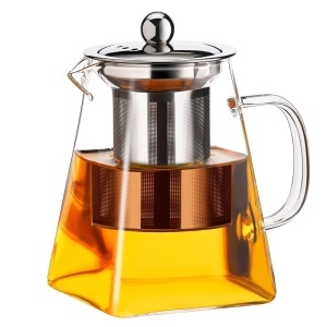 Infuzor ceai Pufo Exclusive din sticla cu filtru si capac metalic, 900 ml, transparent