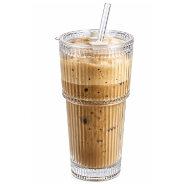 Pahar elegant Pufo din sticla cu capac si pai, ideal pentru smoothie, apa, limonada, cafea rece sau sucuri, 500 ml