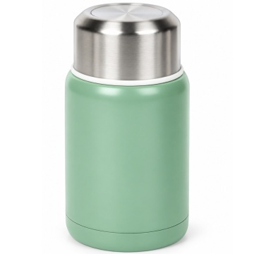 Pahar termos Pufo Food pentru alimente din otel inoxidabil, cu lingură pliabila, pereti dubli si inchidere etansa, ideal pentru supa, iaurt si mancare la pachet, 500 ml, verde