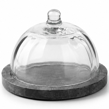 Platou elegant cu capac din sticla si marmura pentru prajituri, macarons, fursecuri si dulciuri, clopot decorativ cu maner, Ø 13,5 x 10 cm, gri