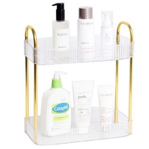 Raft organizator elegant Pufo Luxury transparent de baie cu 2 niveluri, cadru metalic auriu, pentru cosmetice, parfumuri, 38.5 x 36 cm