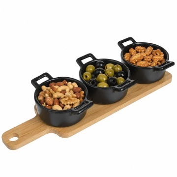 Set 3 boluri ceramice Pufo Simple cu suport din lemn pentru aperitive, gustari, fructe