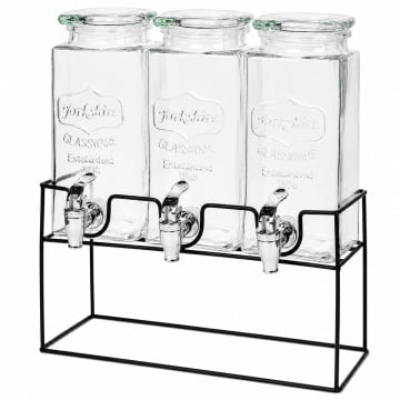 Set 3 dozatoare din sticla pentru limonada cu suport metalic, recipiente pentru bauturi si sucuri